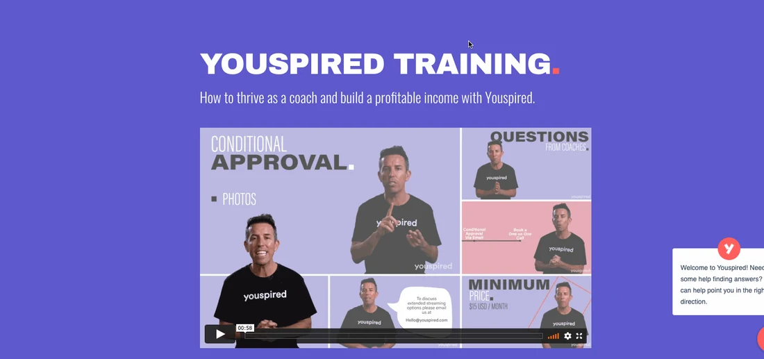 The Youspired Training page, headed How to thrive as a coach and build a profitable income with Youspired, above its welcome video