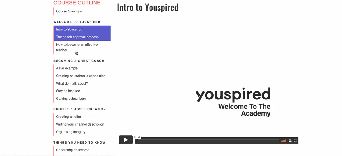 A Youspired course page with the course outline down the left, from welcome to Youspired to becoming a great coach, beside the Intro to Youspired video